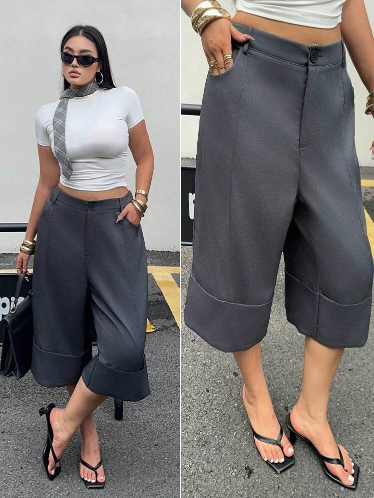 POPSWAY Elegant New Casual Fashion High Waist Wide Leg 7/10 Pants For Women, Rolled Cuffs Design,... | SHEIN