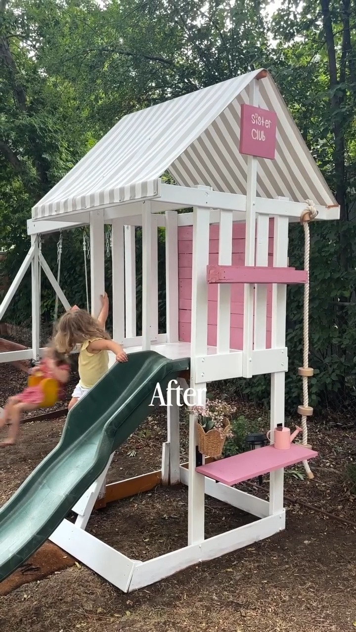 From builder-grade to storybook-worthy. 🌸✨

This little playground makeover has quickly become one of my favorite DIY projects. A fresh coat of paint, new wood panels, and a few thoughtful details completely changed the feel of our backyard.

My goal was to create a space that feels whimsical, inviting, and full of childhood magic—a place where our girls can spend long summer days swinging, imagining, and making memories.

Sometimes it’s the simplest DIY projects that make the biggest difference.

If you’ve been dreaming of creating a more beautiful backyard for your little ones, save this for inspiration and let me know what detail you’d add next. 🤍

#PlaygroundMakeover #BackyardIdeas #DIYPlayground #OutdoorPlay #MomDIY