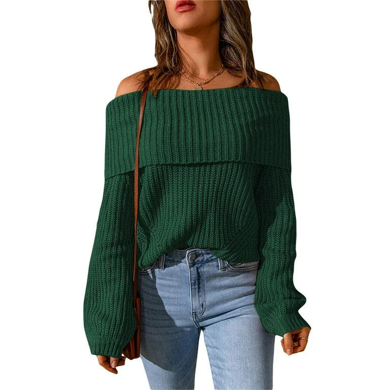 Women Off Shoulder Sweater Oversized Fold Over Knitted Pullover Long Sleeve Solid Warm Jumper Loo... | Walmart (US)