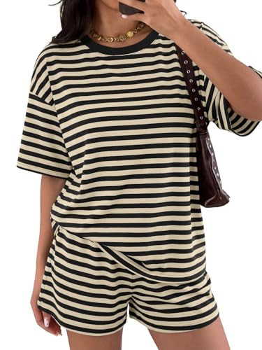 LILLUSORY 2 Piece Striped Set for Women Two Piece Lounge Sets Summer Outfits 2026 Oversized tshirts and Shorts Black Apricot Combo L | Amazon (US)