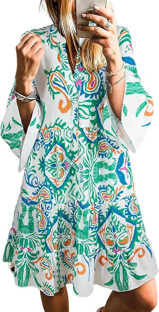 SELINK Womens Long Sleeve Dresses Casual V Neck Tribal Print Button Flowy Boho Mini Beach Dress | Amazon (US)
