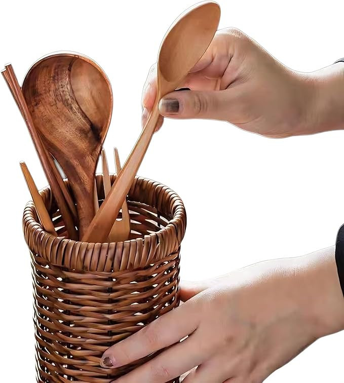 Utensil Holder Spoon Kitchen Counter Decor Wooden/Wicker Utensil Caddy6.1 L x 4" W x 4" H Farmhou... | Amazon (US)