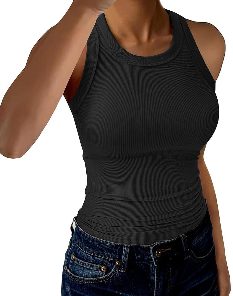 Womens Tank Tops High Neck Sleeveless Ribbed Tank Casual Basic Thick Strap Slim Fitted Racerback ... | Amazon (US)