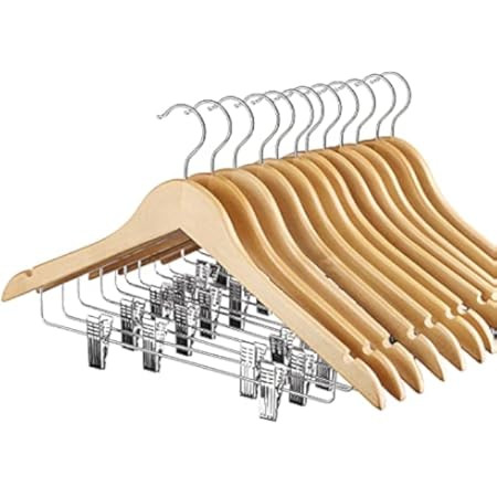 High-Grade Wooden Suit Hangers Skirt Hangers with Clips (10 Pack) Smooth Solid Wood Pants Hangers wi | Amazon (US)