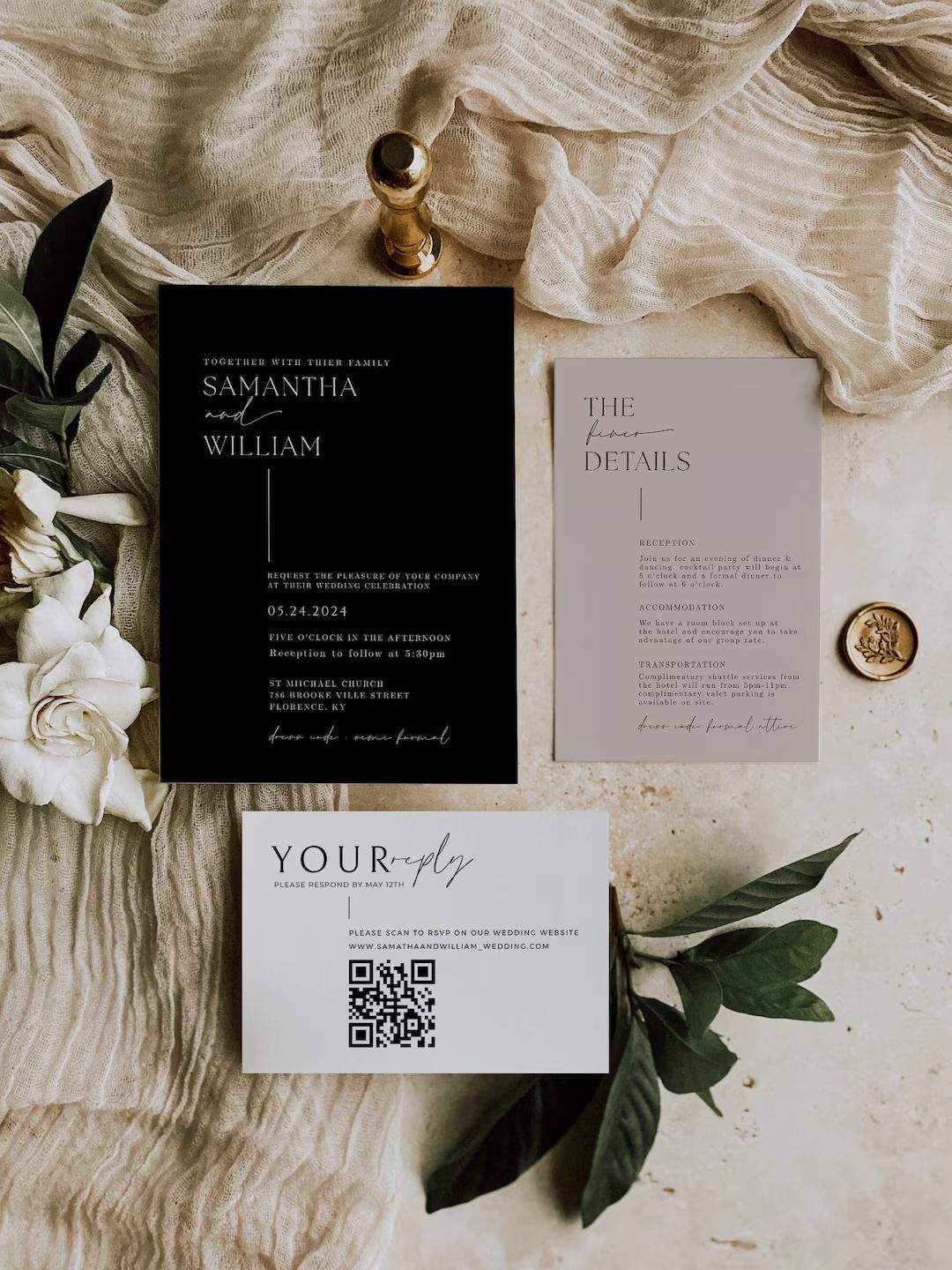 Modern Black Wedding Invitation Suite Template With QR Code, Minimal Wedding Invite Suite, Simple... | Etsy (US)