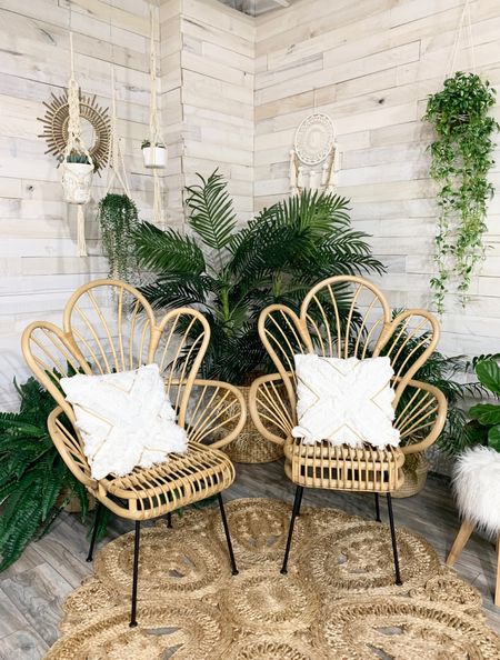 Refresh your patio space or indoor nook for spring with flower wicker chairs, live plants with macrame hangers, wicker rug and fern plants to complete the space.  #bohocoastal 

#LTKstyletip #LTKhome #LTKfamily