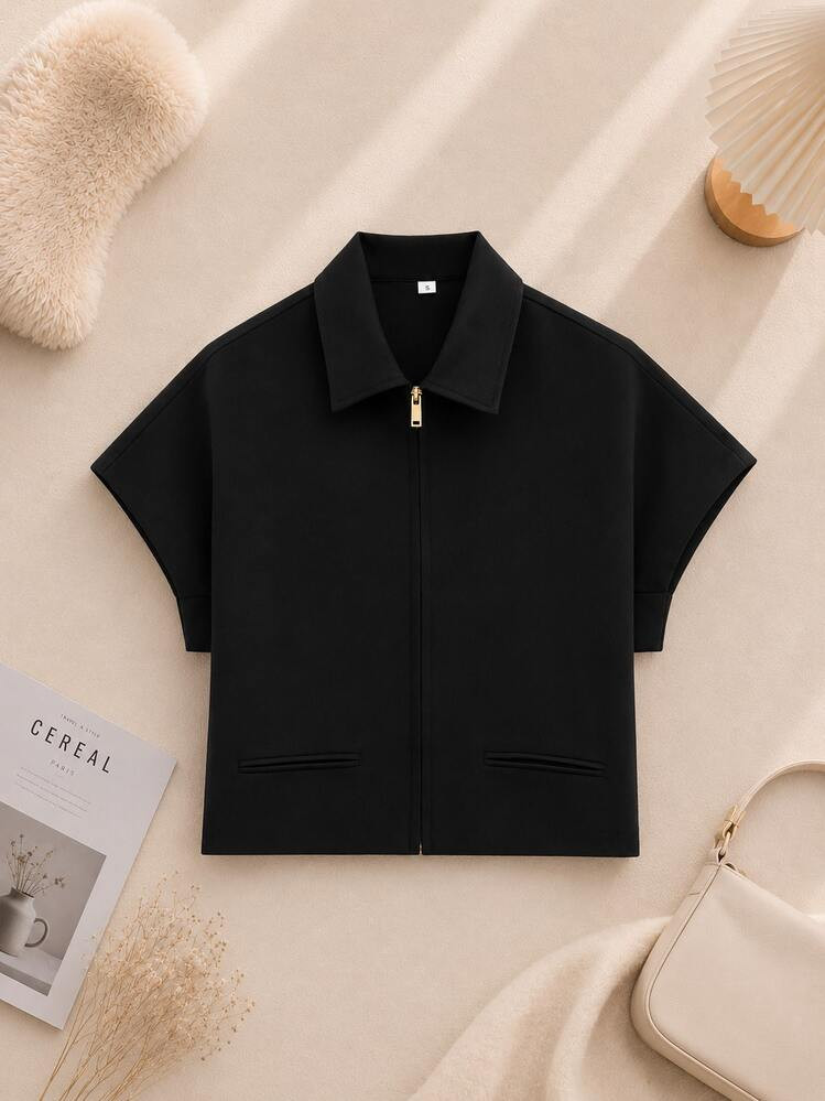 Solid Color Polo Collar Short Sleeve Top, Spring/Summer Black | SHEIN