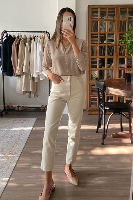 Everlane ecru jeans 30% off right now - 25 ankle 
Everlane silk shirt - 0

Spring smart casual / business causal workwear 

#LTKunder100 #LTKsalealert #LTKworkwear