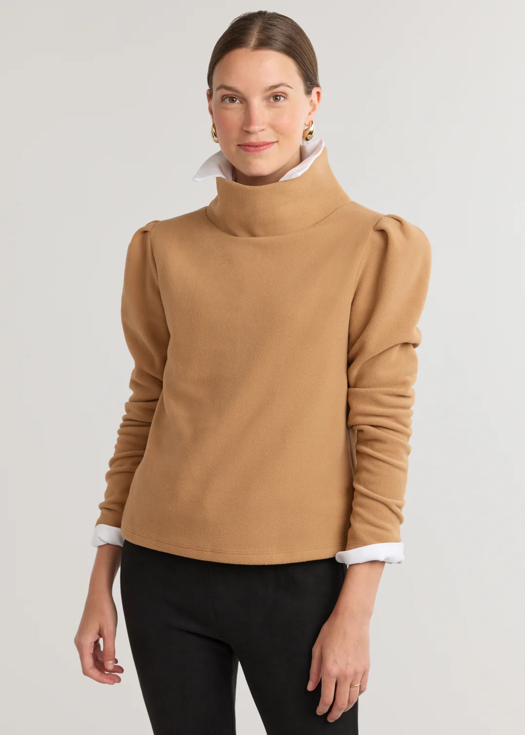 Palmer Puff Sleeve Turtleneck in Vello Fleece (Camel) | Dudley Stephens