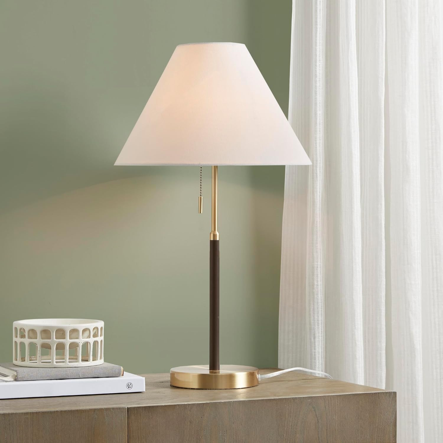 INK+IVY Table Lamp - Mid-Century Two-Tone Gold Nightstand Bedside Lamp, Chic Study Lamp, Clear Polarized Cord, Pull Chain Swtich, Bromley Lamp Décor Empire Fabric Shade, 23.5" H Gold/Brown | Amazon (US)