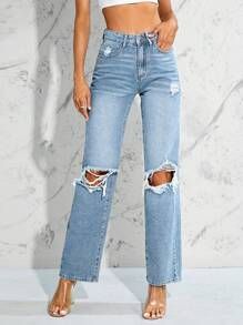 SHEIN BAE Ripped Straight Leg Jeans | SHEIN