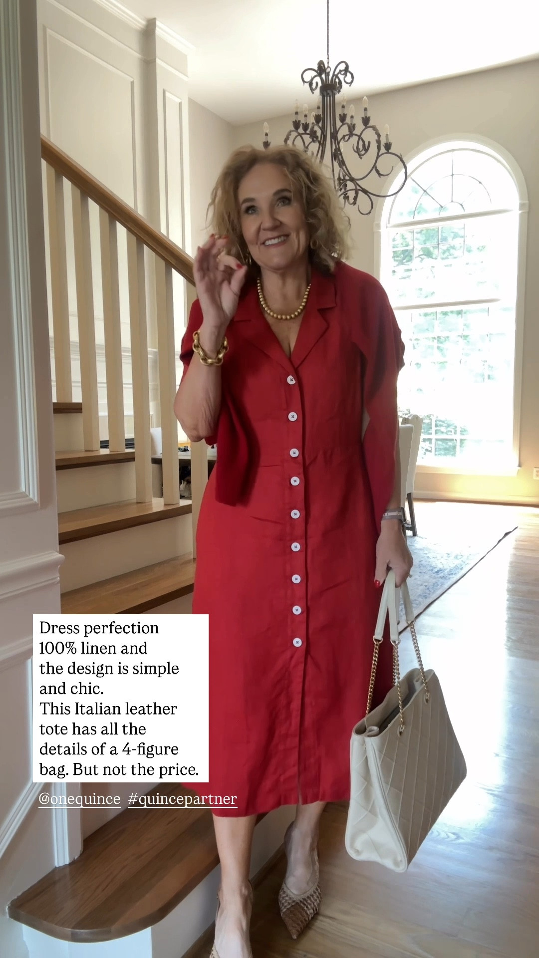 Quince linen dress size medium/8
Add the matching cashmere boat neck sweater I size up to a large in this for an oversized fit 
The beautiful diamond stitched Italian leather tote is incredible quality. It could rival a designer handbag for four figures. 
My shoes/slingbacks are very comfortable because of the woven leather. They just formed to your foot. 

Outfit linen dress, red dress

#LTKFindsUnder100 #LTKWorkwear #LTKOver40