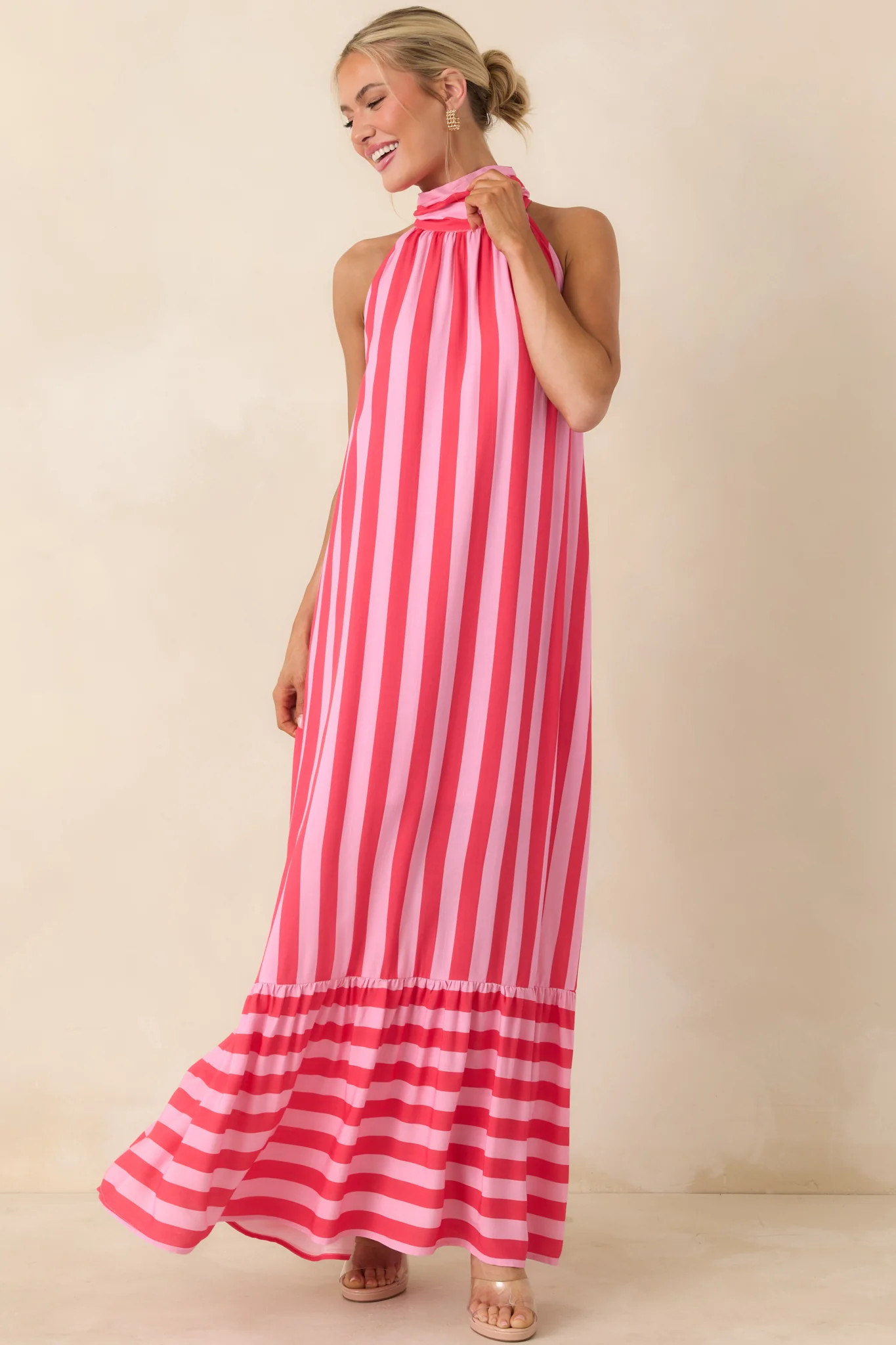 Make Your Move Fuchsia & Light Pink Stripe Halter Maxi Dress | Red Dress