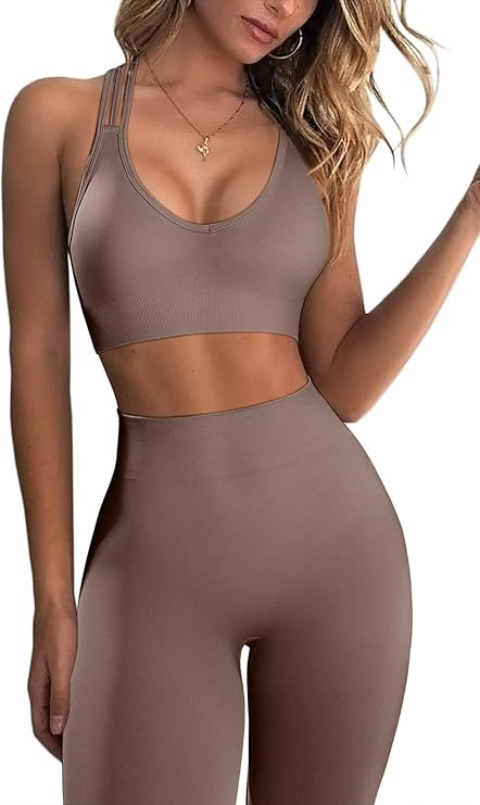 Meyeeka Women's Seamless Leggings Plunging Neck Multi Strap Sports Bra 2 Piece High Waist Workout... | Amazon (US)