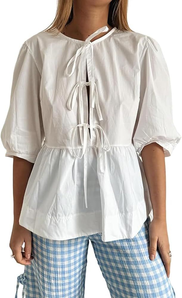 Women Y2K Puff Short Sleeve Peplum Shirts Lace Up Ruffle Hem Babydoll Blouse Tops Cute Tie Front ... | Amazon (US)