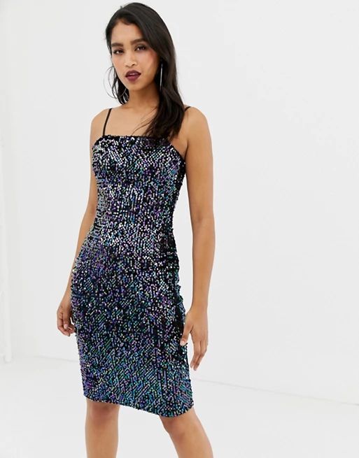 Lipsy sequin cami dress with square neck in black | ASOS US