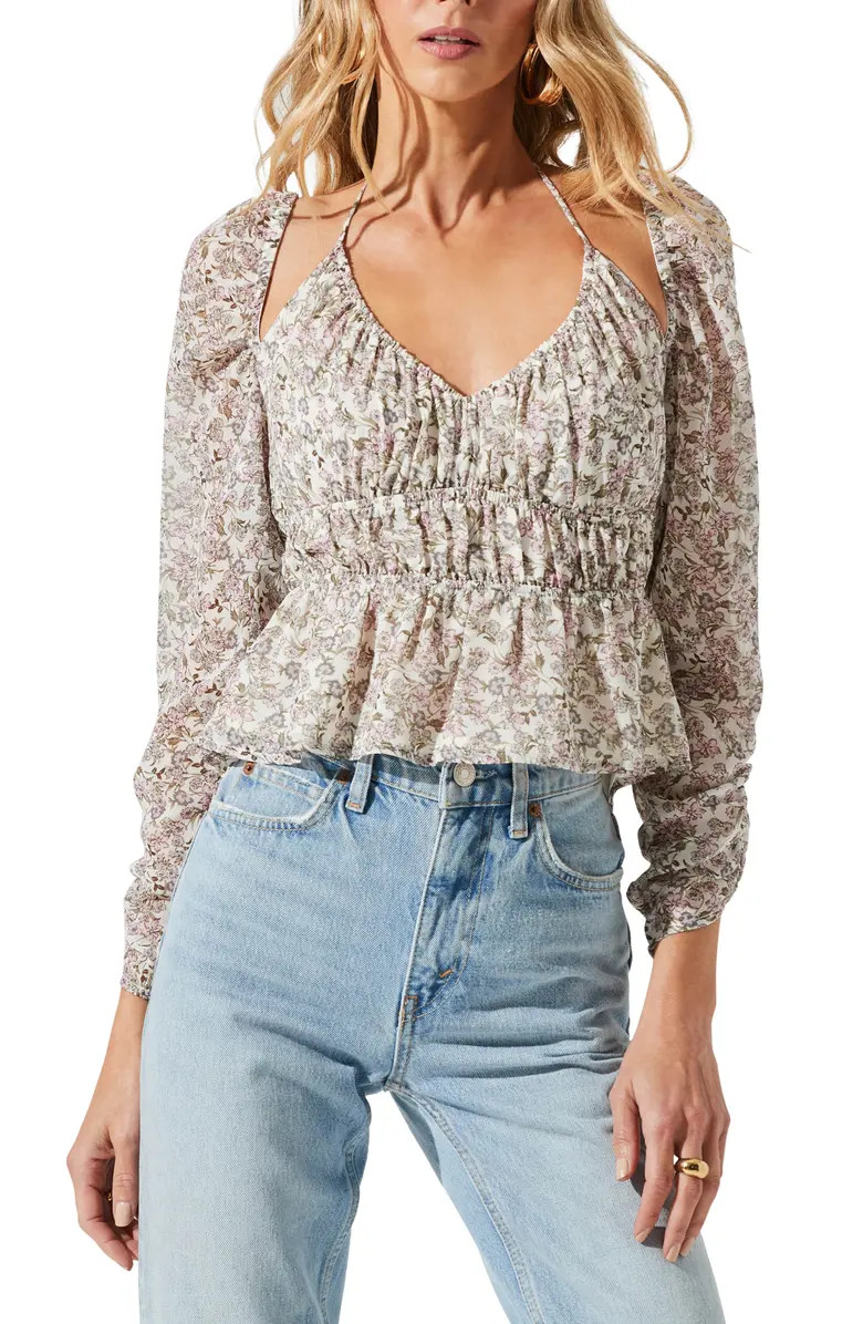 Floral Shoulder Cutout Tie Neck Long Sleeve Top | Nordstrom