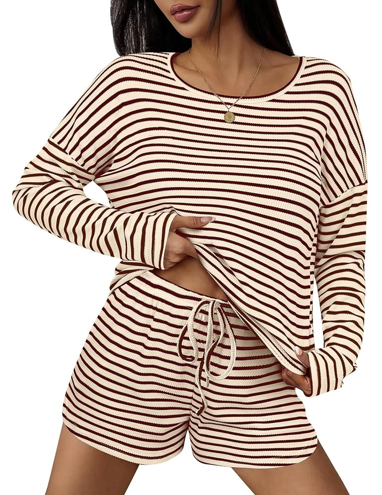 Ekouaer Waffle Lounge Sets Long Sleeve Shorts Striped Pajamas Set Matching Waffles Knit 2 Piece O... | Amazon (US)