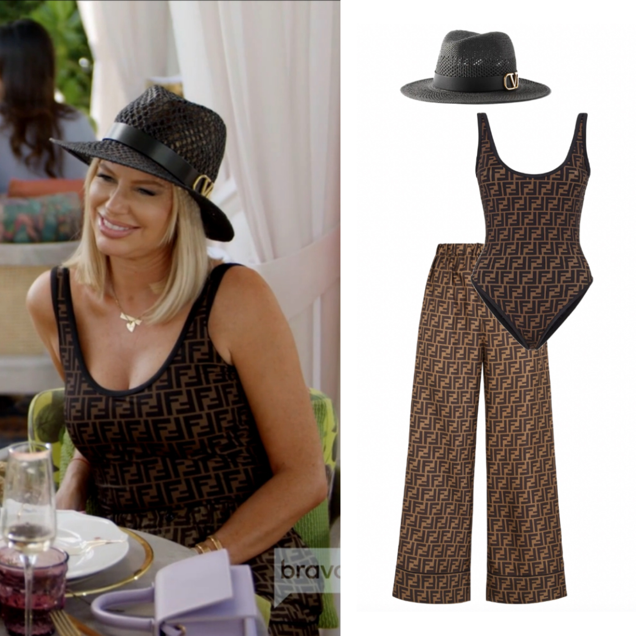 Caroline Stanbury’s Fendi F Logo Swimsuit, Hat and Pants