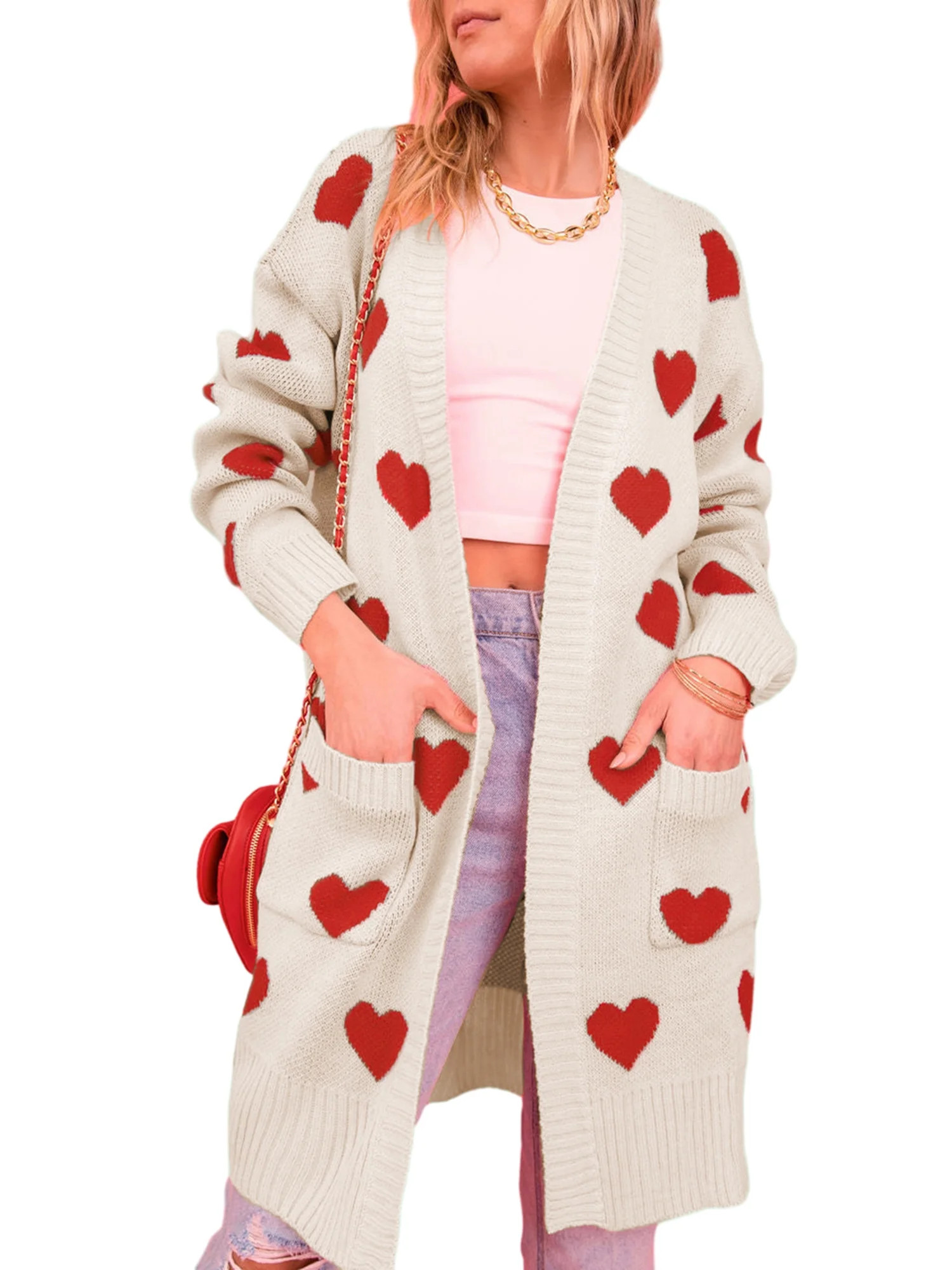 GXFC Women Valentine's Day Open Front Duster Sweaters Casual Heart Print Long Knitted Cardigans W... | Walmart (US)