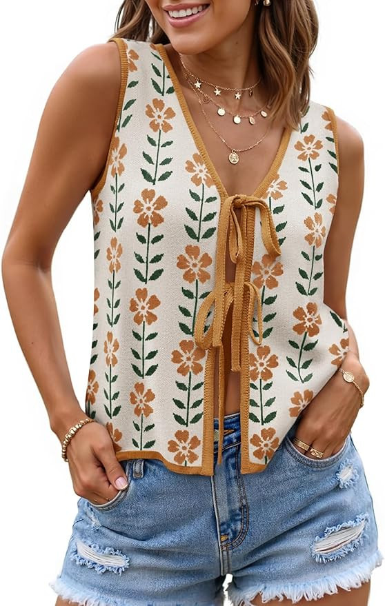 ZESICA Women's Tie Front Sweater Vest Summer Print Sleeveless Knit Y2k Tank Tops 2026 Trendy Clot... | Amazon (US)