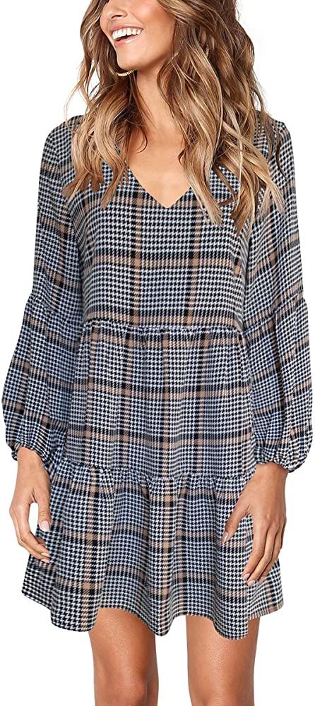 Cosonsen Womens Printed Swing Shift Dress Long Sleeve V Neck Tunic Dress | Amazon (US)