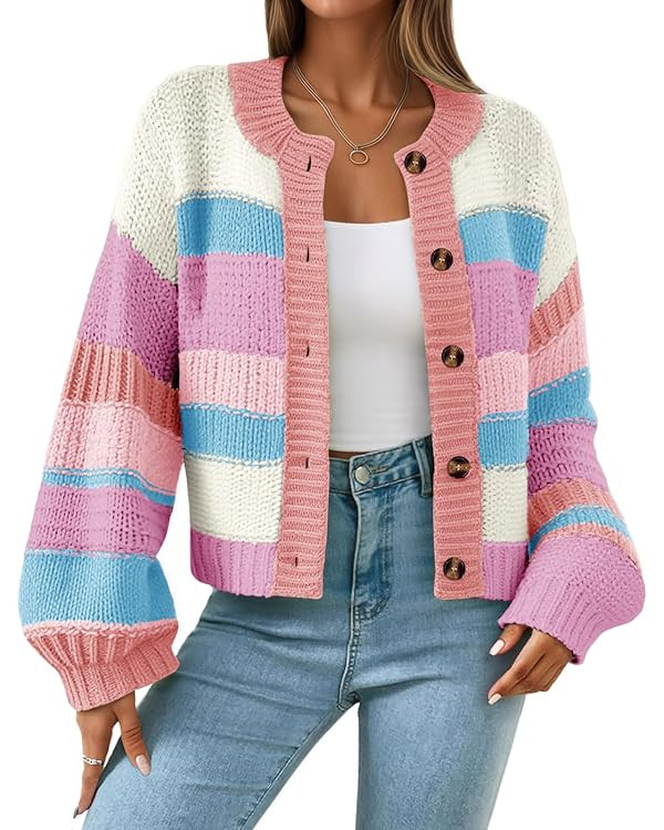 Saodimallsu Womens Striped Chunky Cardigan Sweaters Button Up Fall Trendy Color Block Long Sleeve... | Amazon (US)