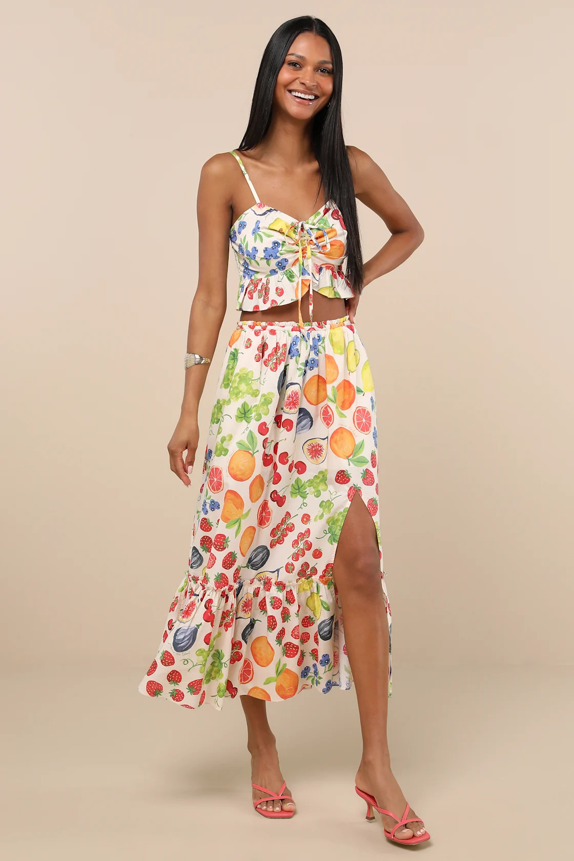 Mirabelle White Multi Fruit Print Tiered Midi Skirt | Lulus
