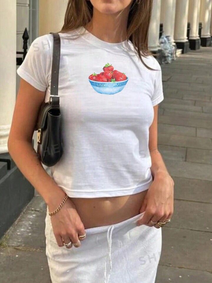 SHEIN EZwear Y2K Strawberry Pattern Women T-Shirt | SHEIN
