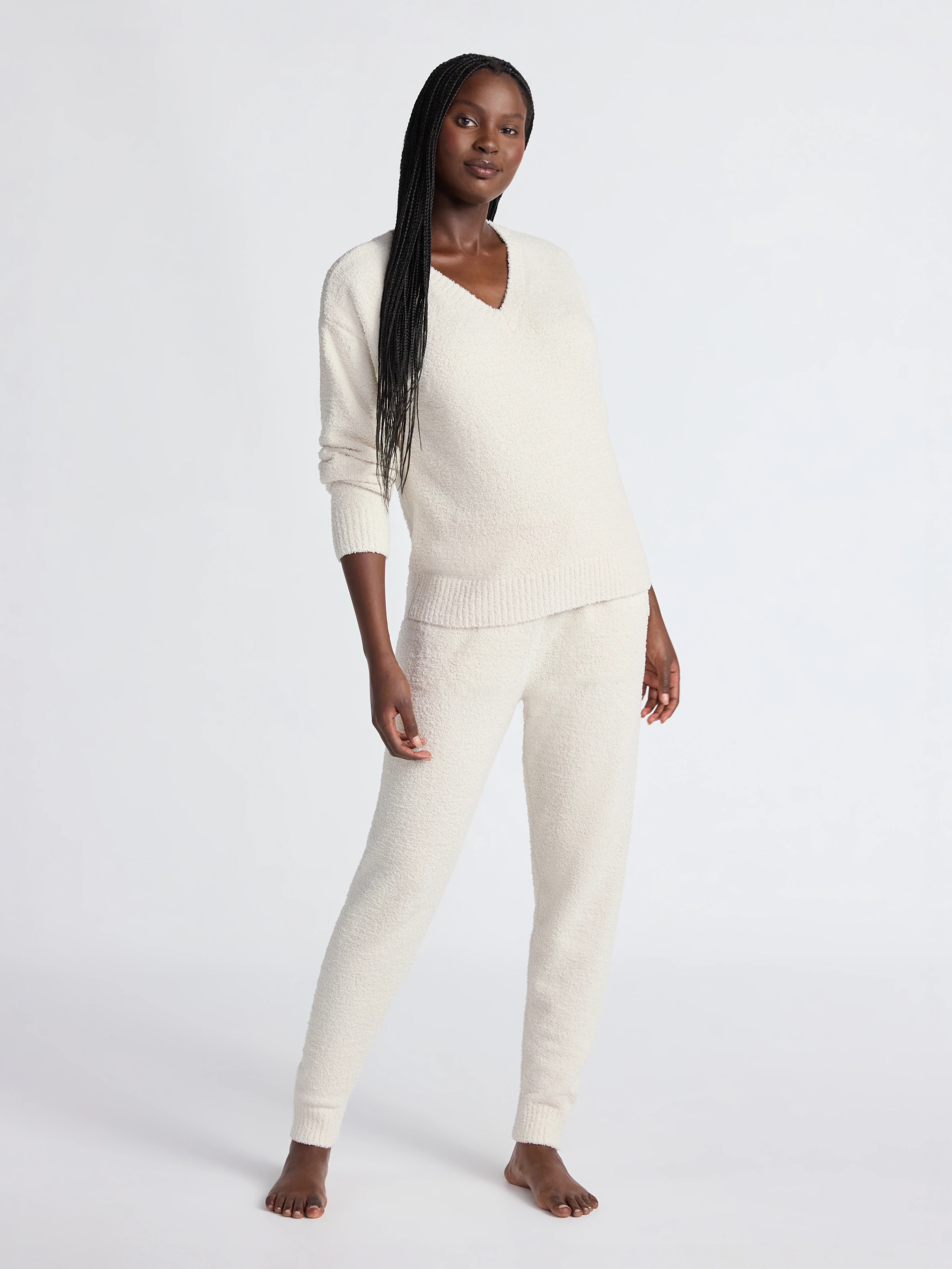 Joyspun Women's Fuzzy Knit V-Neck Top and Joggers Set, 2-Piece, Sizes XS-3X | Walmart (US)