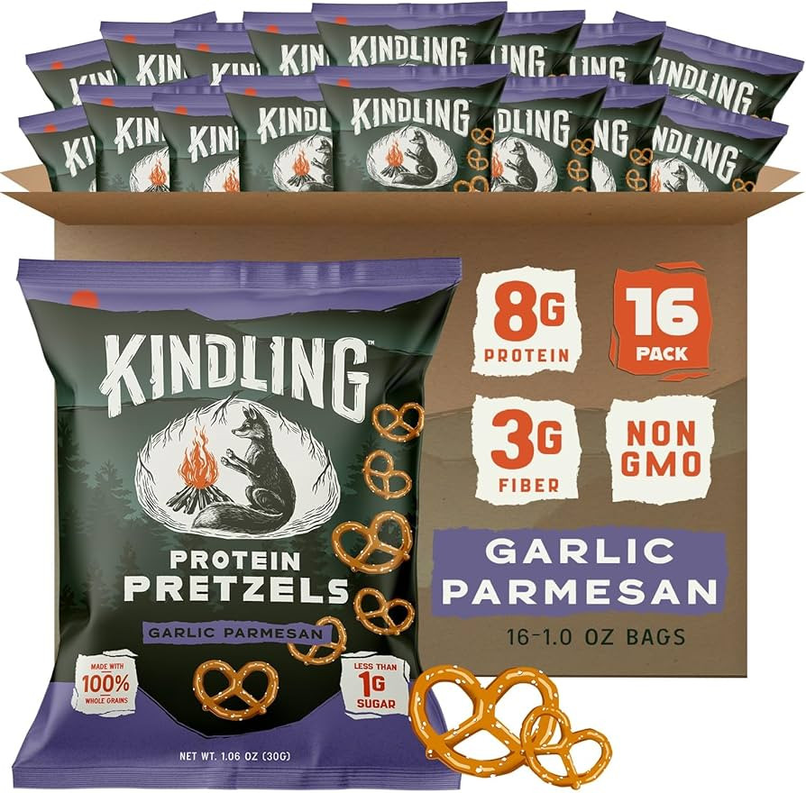 Kindling Protein Pretzels - Garlic-Parmesan | Protein-Packed Snack Size Bags | Kosher | 8-9g Prot... | Amazon (US)