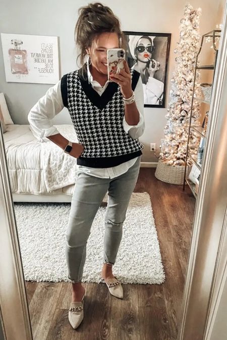Houndstooth sweater vest with white button down shirt, gray jeans from Express on sale, fits tts, good stretch. Steve Madden mules, similar below. 

Casual outfit, amazon fashion, Amazon finds, jeans, shoes, business casual, gift ideas fir her, gifts for her, sale

#LTKGiftGuide #LTKfindsunder50 #LTKsalealert