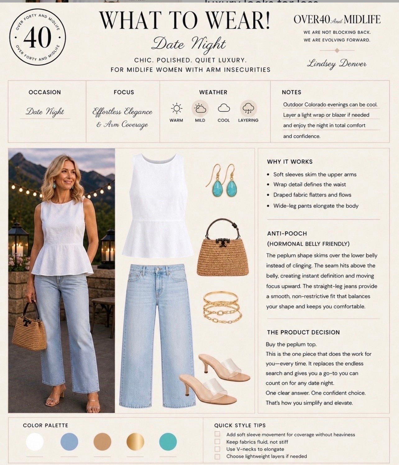 ✨Tap the bell, save and ❤️ for over 40 fashion, midlife style, midsize fashion and luxury looks for less. 

This is an easy date night outfit that just works.

The peplum shape gives a little definition without feeling tight,
and the straight-leg jeans keep everything balanced and relaxed.

The light layers and soft structure make it comfortable for real life —
especially on days when you don’t want to think too hard about getting dressed.

Add a textured bag and a touch of color with the earrings,
and you’re done.

Chic. Polished. Effortless.

— Lindsey Denver


Spring looks, Midlife style for real women who want to feel confident again. Over 40 fashion and over 50 style that works with changing bodies, perimenopause shifts, and real life. Think midsize fashion, Gen X style and up, body confidence, and mom outfits that feel polished, comfortable, and elevated...because style over 45 and over 50 should feel effortless, not stressful.

#LTKOver40 #LTKPlusSize

Comment SHOP below to receive a DM with the link to this post on my LTK ⬇ https://liketk.it/6aZ3s ltkover40 ltkplussize primeday2022 trgtdealday2022 ltkxprimeday ltkxprime

Comment SHOP below to receive a DM with the link to this post on my LTK ⬇ https://liketk.it/6c4mM ltkover40 ltkplussize primeday2022 trgtdealday2022 ltkxprimeday ltkxprime