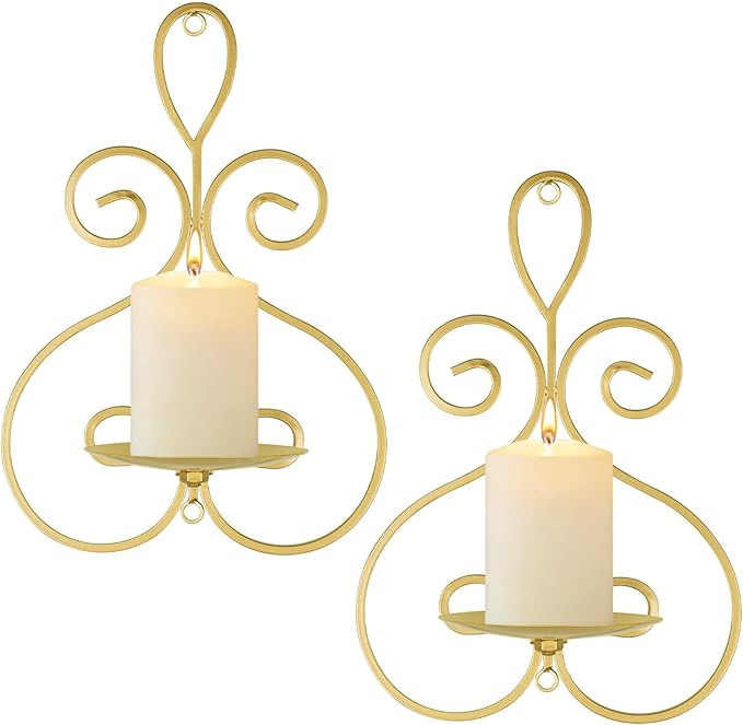 Wall Candle Sconces Set of 2, Metal Wall Candle Holders, Home Decor, Gold | Double Scroll Pattern... | Amazon (US)