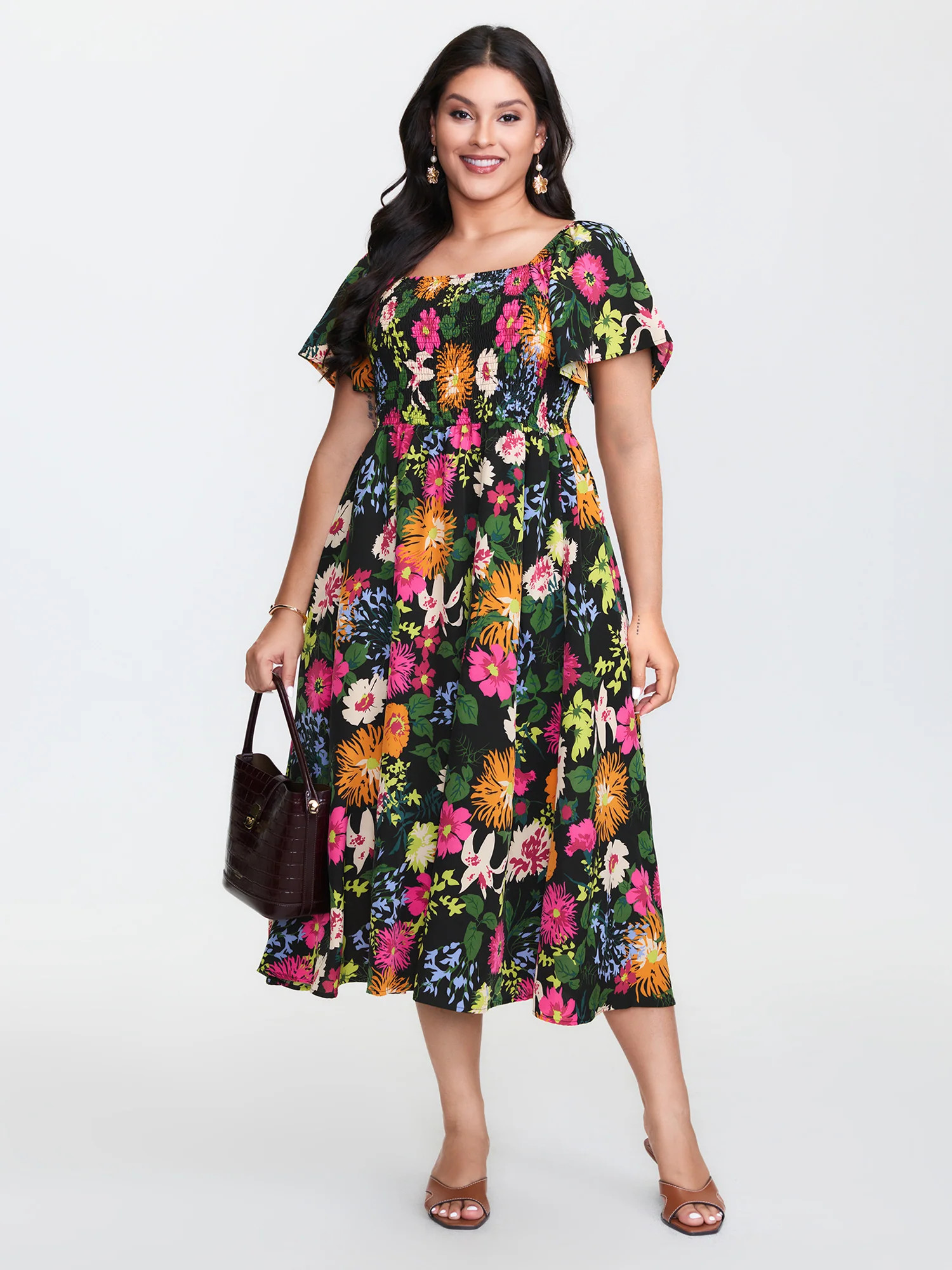 Floral Shirred Square Neck Pocket Midi Dress | Bloomchic