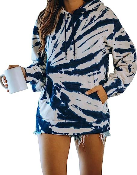 Women Tie Dye Sweatshirt Long Sleeve Casual Drawstring Pullover Hoodie Tops with Pocket | Amazon (US)