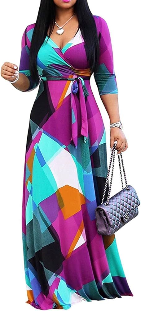 FANDEE Plus Size Maxi Dress for Women Casual Summer Sundress V-Neck 3/4 Sleeve | Amazon (US)