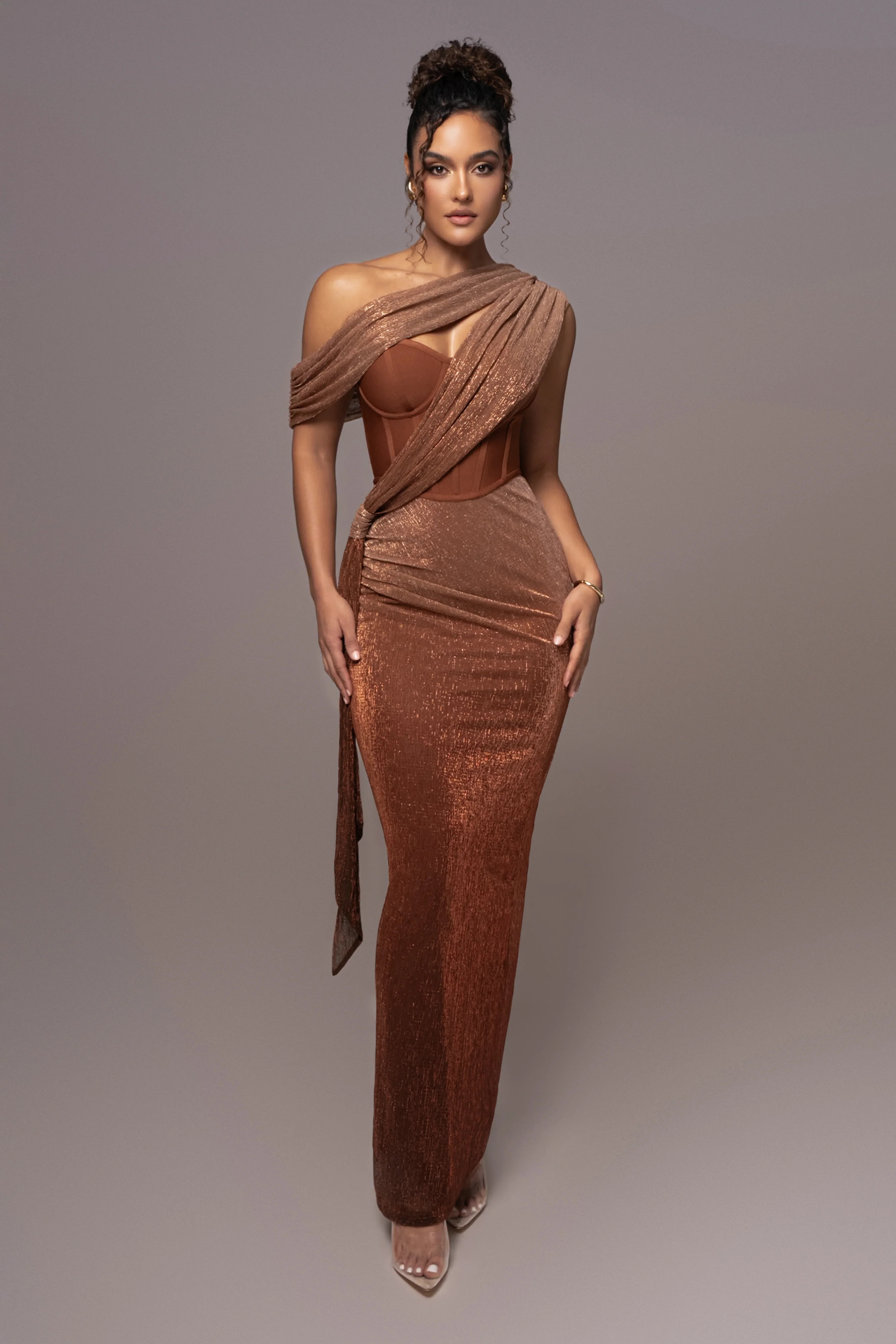 PRE-ORDER Gold Celestina Draped Maxi Dress L | JLUXLABEL