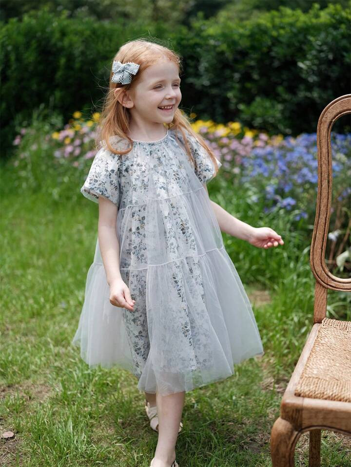 Young Girl Floral Print Mesh Overlay Dress | SHEIN