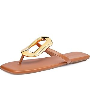 Coutgo Womens Flat Sandals Comfortable Flip Flops Slide Sandals Summer Beach Shoes with Metal Dec... | Amazon (US)