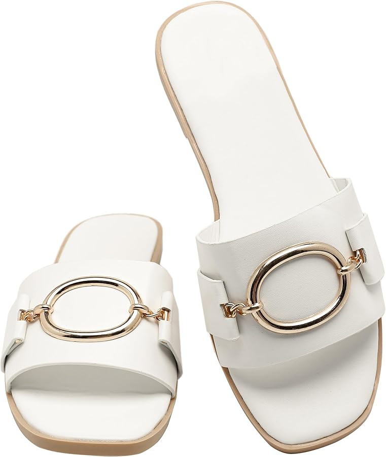 Women's Flat Slippers square open toe slide Shoes Summer dressy sandals for women. | Amazon (US)