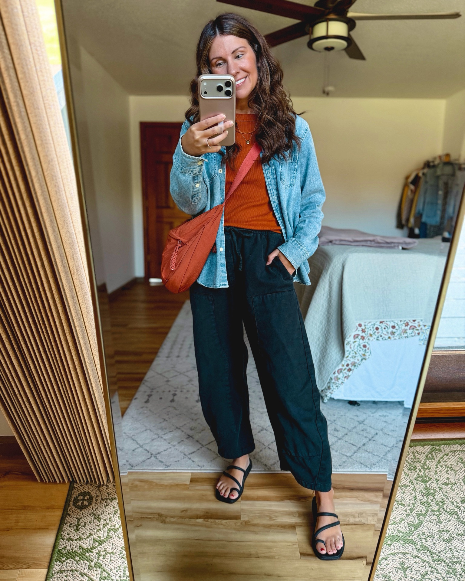 Easy outfit for a Saturday in October🧡🖤

small in my tee, small in my denim button up, xs short/petite in my pants (100% cotton!) and 6 in my croc sandals. My orange beaded necklace is from Sela Designs but I also linked similar!