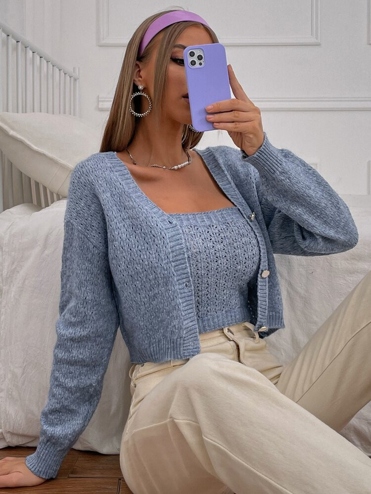 Solid Pointelle Knit Button Up Crop Cardigan And Crop Cami Top | SHEIN