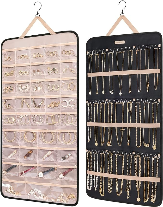 BAGSMART Hanging Jewelry Organizer Storage Roll with Hanger Metal Hooks Double-Sided Jewelry Hold... | Amazon (US)