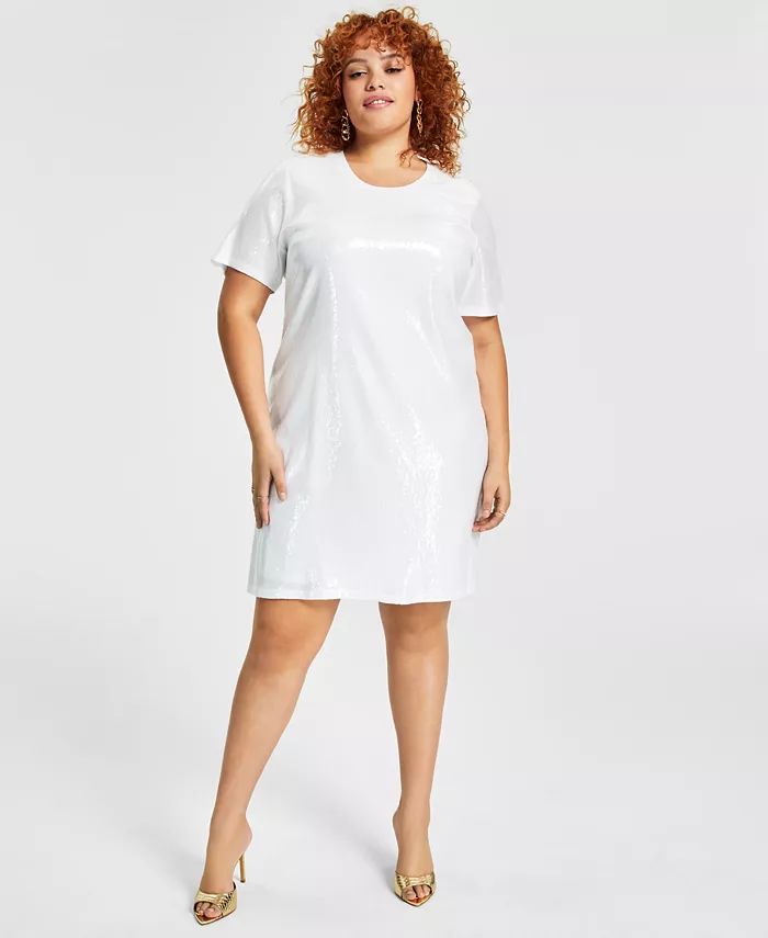 Trendy Plus Size Printed Short-Sleeve Sequin Dress | Macys (US)