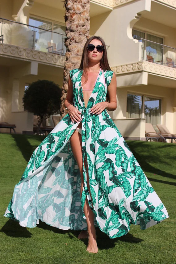 banana leaves, coloring dolce gabbana, tunic,resort wear,Kaftan,Maxi dress,elegant, swim cover, b... | Etsy (US)