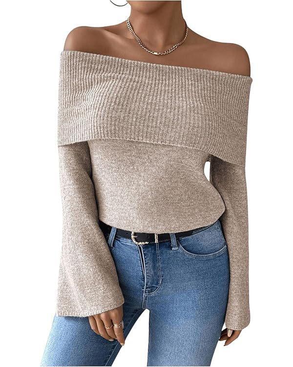 MakeMeChic Women's Off The Shoulder Sweater Bell Sleeve Rib Knitted Pullover Tops | Amazon (US)