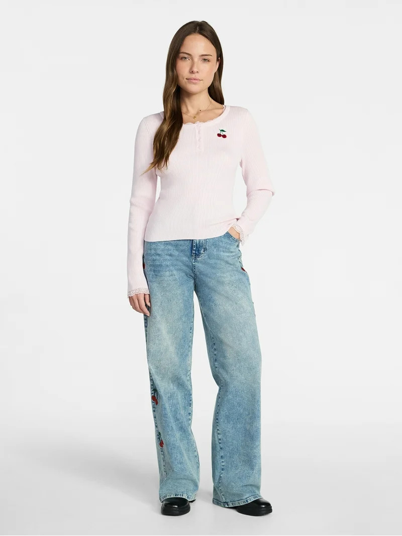 Madden NYC Women's Lace Trim Long Sleeve Henley Top, Sizes XXS-XXL | Walmart (US)