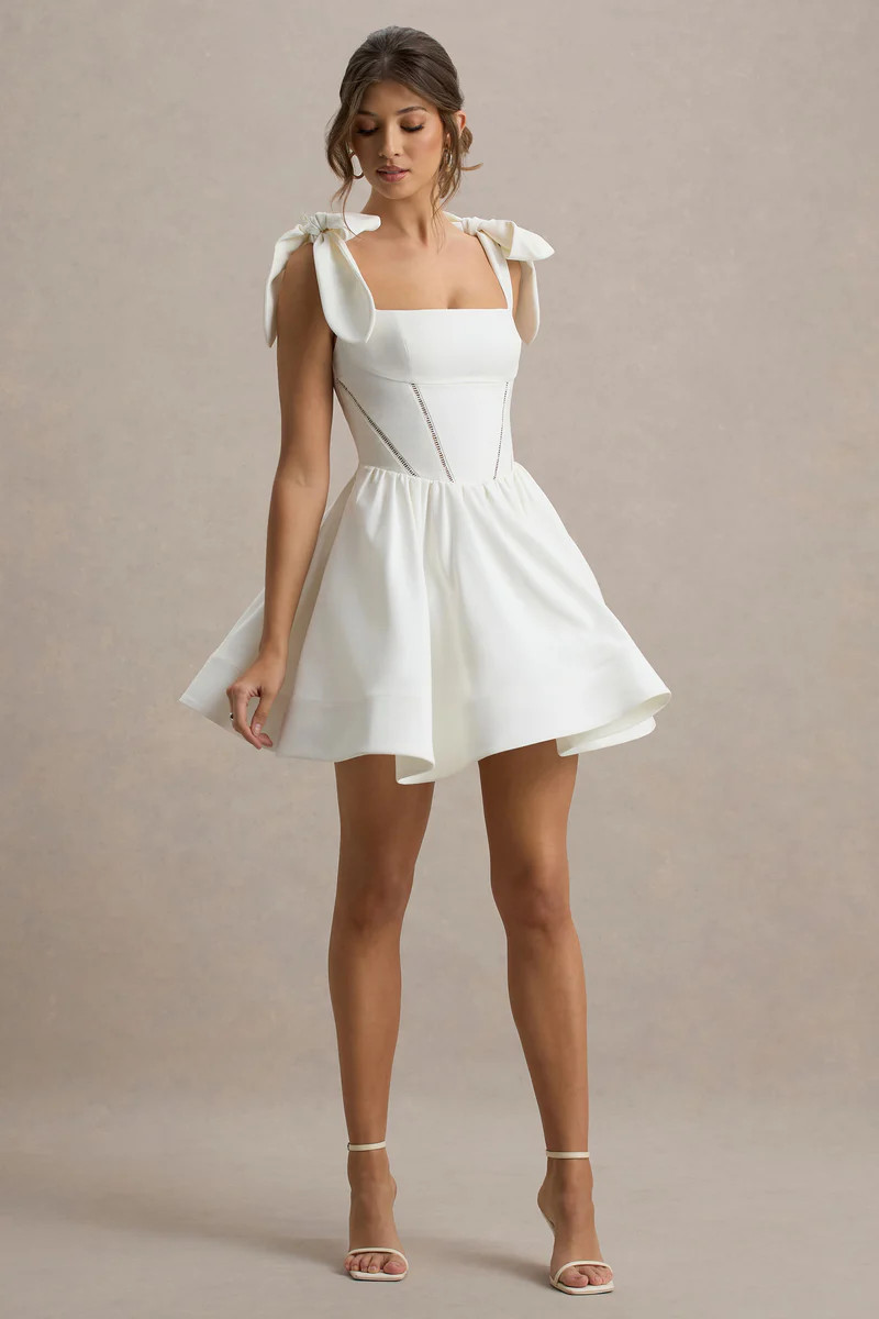 Mochi | White Skater Mini Dress With Bow Straps | Club L London