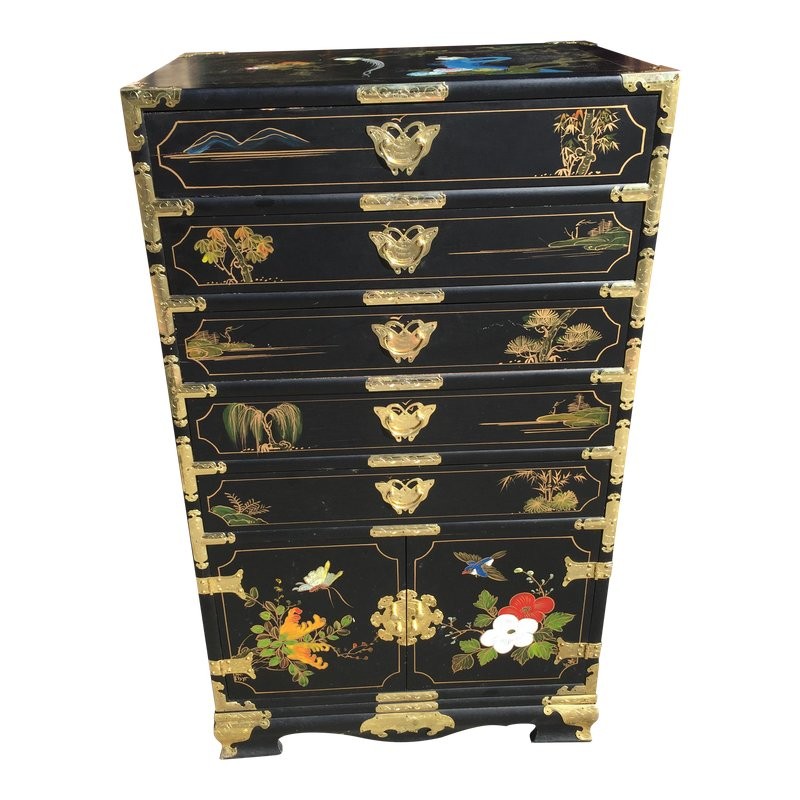 Hand Painted Chinese Chinoiserie Jewelry Chest | Chairish